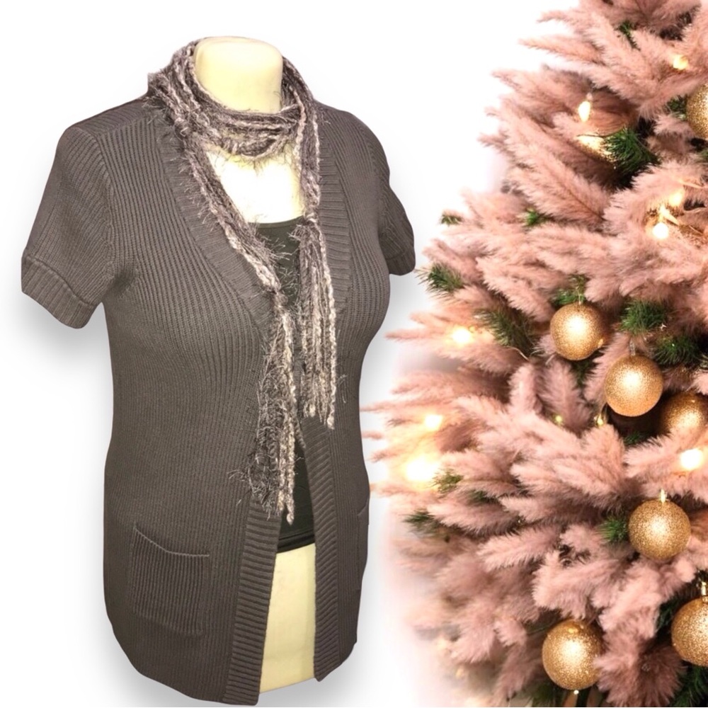 ANN TAYLOR Mid-Length Ribbed Knit Open Front Short Sleeve Cardigan - Picture 11 of 11